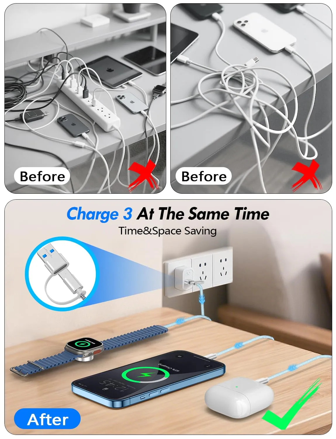 2Pack Travel Essentials 3-in-2 Multi Fast Charging Cable for Apple Watch Charger,Xbox 360 Charger,iPhone Charger,Type C/Lightning Cable for iWatch Ultra/SE/10-2&iPhone 16-11&Xbox 360&Galaxy-Blue