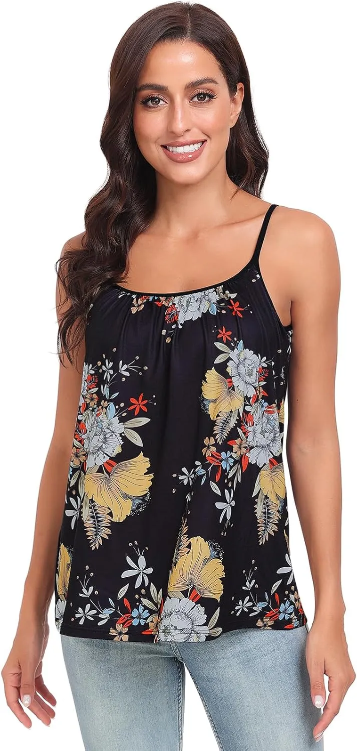 Air Curvey Camisole for Women Bulid in Bra Casual Flowy Cami Adjustable Spaghetti Strap Tank Top Pleated Loose Fit S-XXXXL