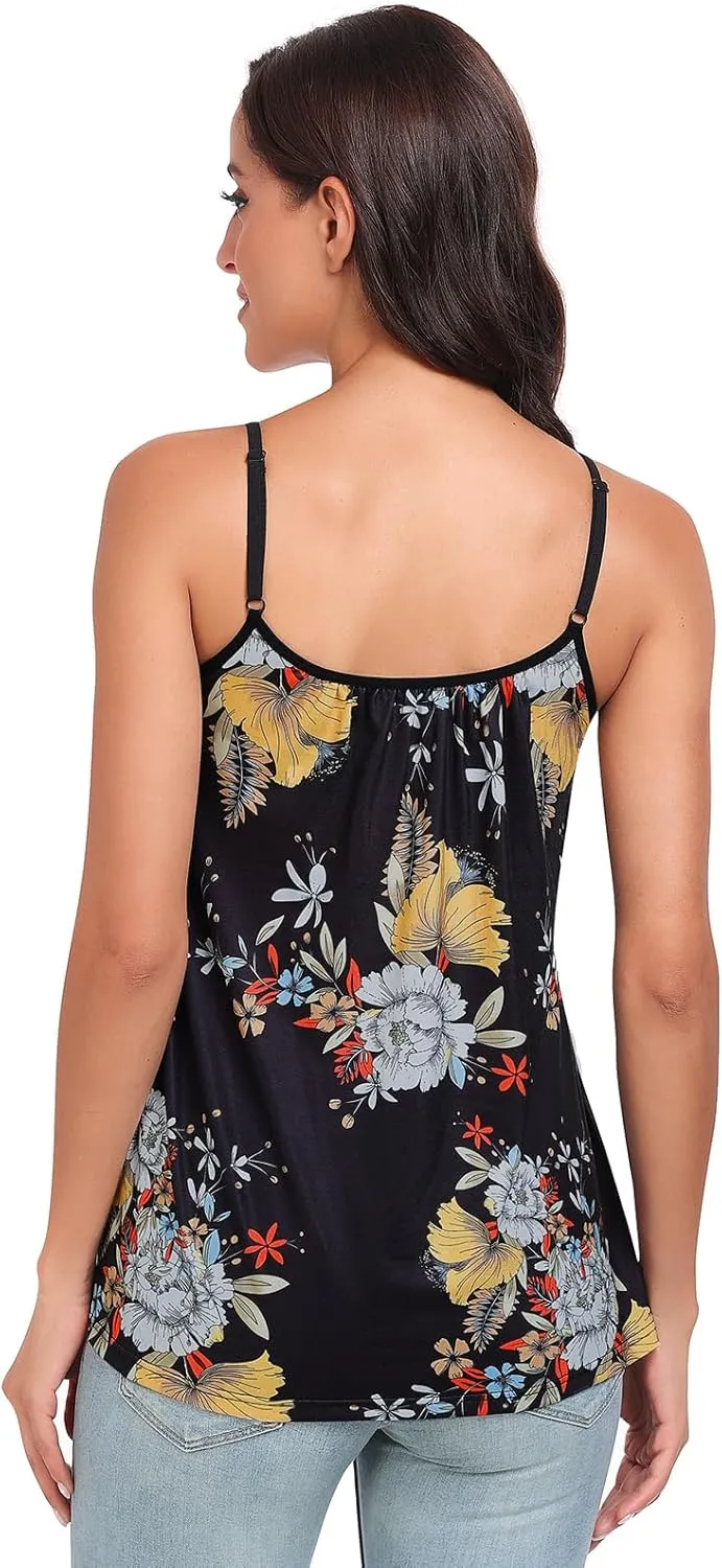 Air Curvey Camisole for Women Bulid in Bra Casual Flowy Cami Adjustable Spaghetti Strap Tank Top Pleated Loose Fit S-XXXXL