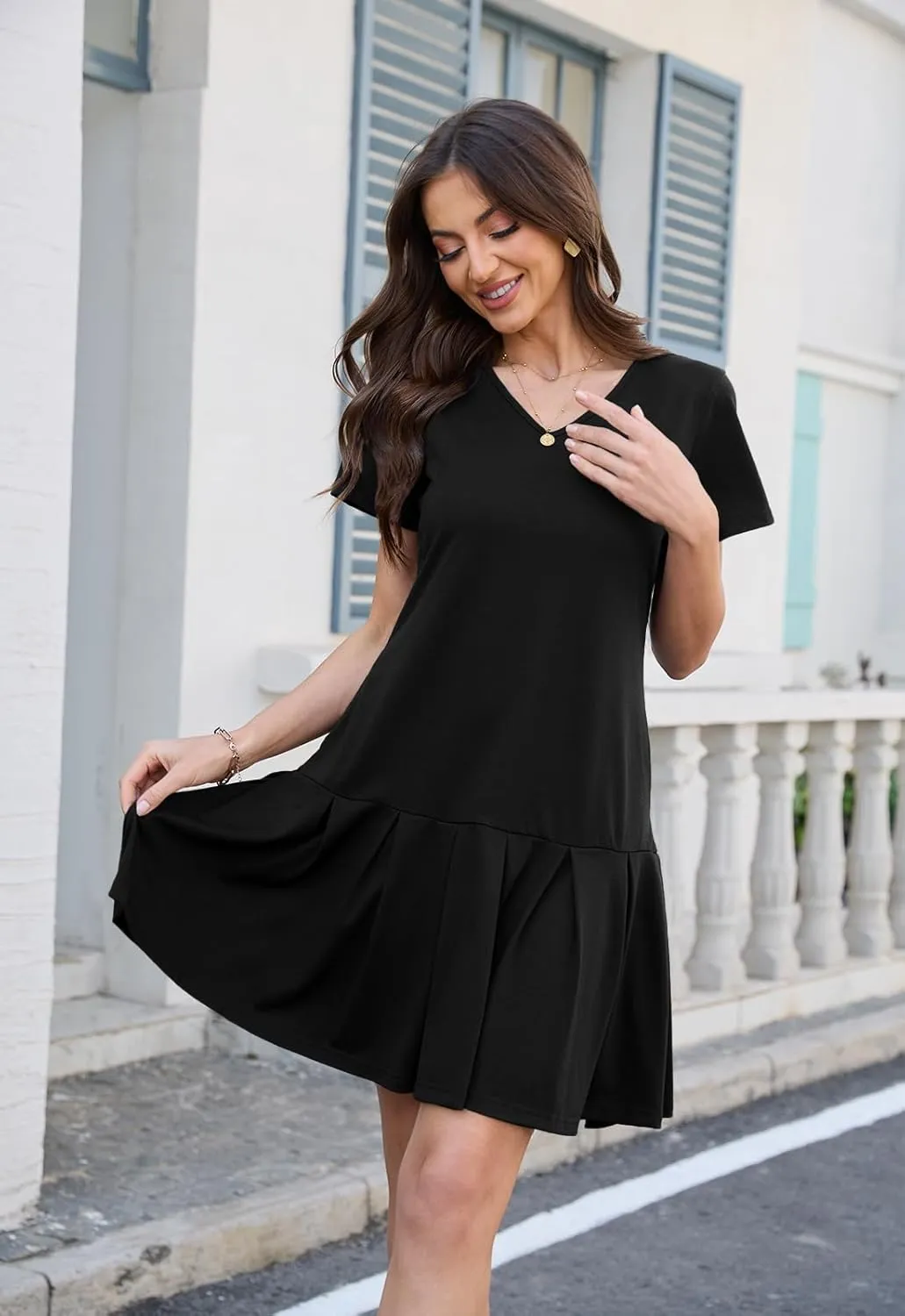 Alaster Queen Women’s 2025 Summer T Shirt Pleated Dress Short Sleeve Casual Swing Tunic Dress with Pockets