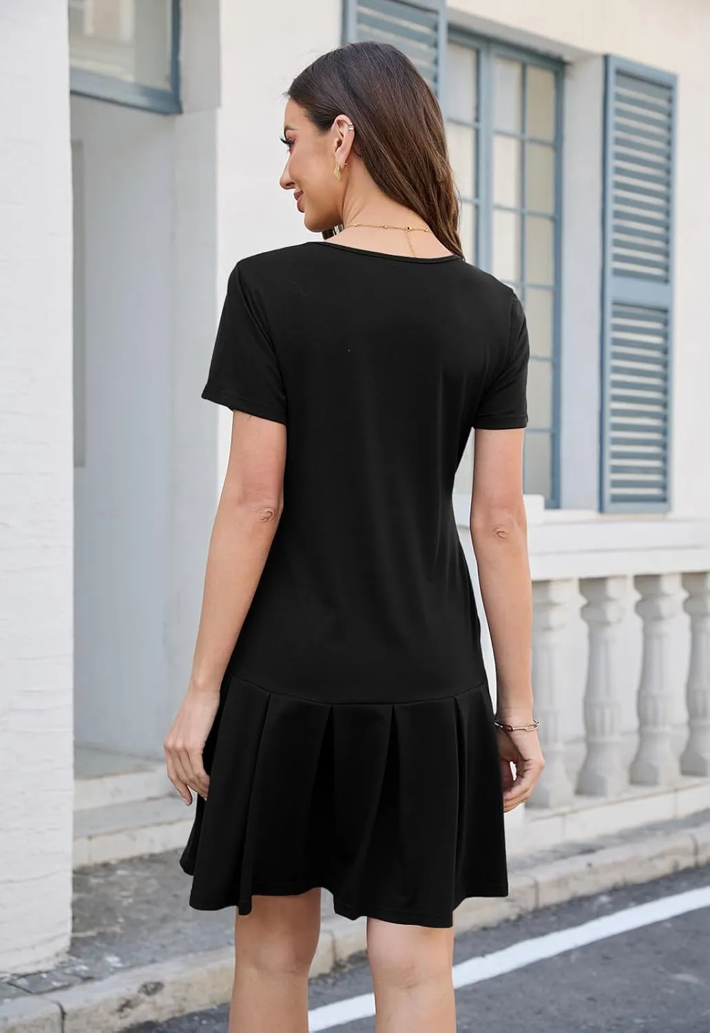 Alaster Queen Women’s 2025 Summer T Shirt Pleated Dress Short Sleeve Casual Swing Tunic Dress with Pockets