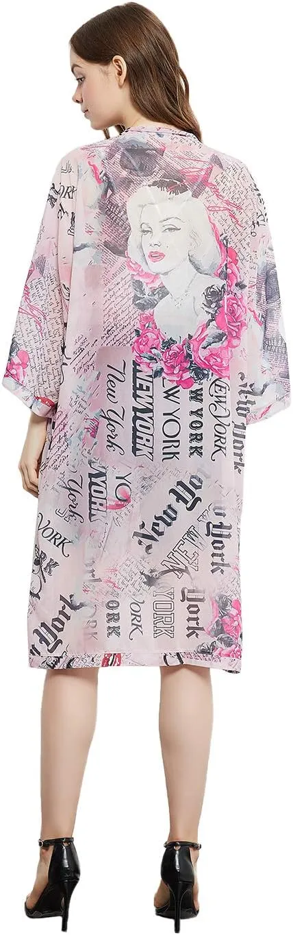 Anna-Kaci Women Print Short Sleeve Cardigan Long Open Stuff Kimonos Loose Casual Cover Up Shirts