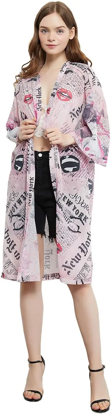 Anna-Kaci Women Print Short Sleeve Cardigan Long Open Stuff Kimonos Loose Casual Cover Up Shirts