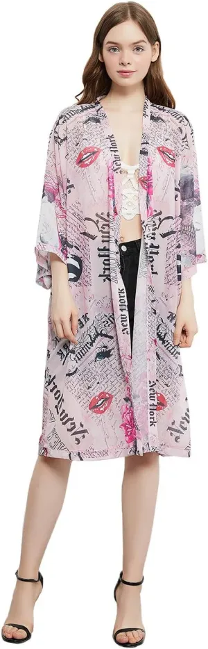 Anna-Kaci Women Print Short Sleeve Cardigan Long Open Stuff Kimonos Loose Casual Cover Up Shirts
