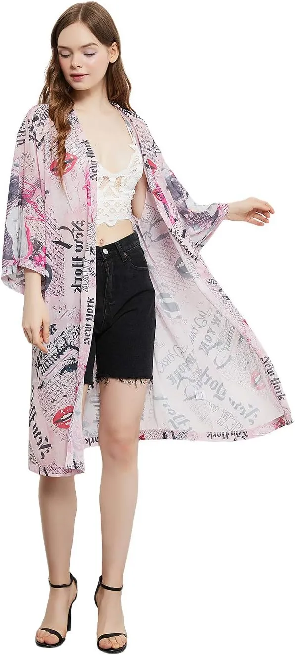 Anna-Kaci Women Print Short Sleeve Cardigan Long Open Stuff Kimonos Loose Casual Cover Up Shirts