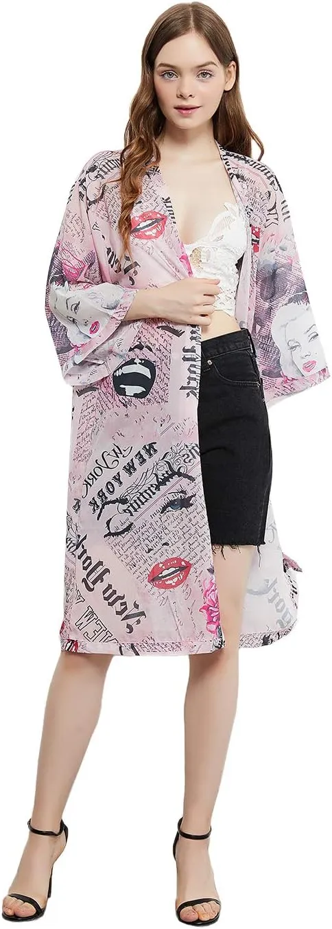 Anna-Kaci Women Print Short Sleeve Cardigan Long Open Stuff Kimonos Loose Casual Cover Up Shirts