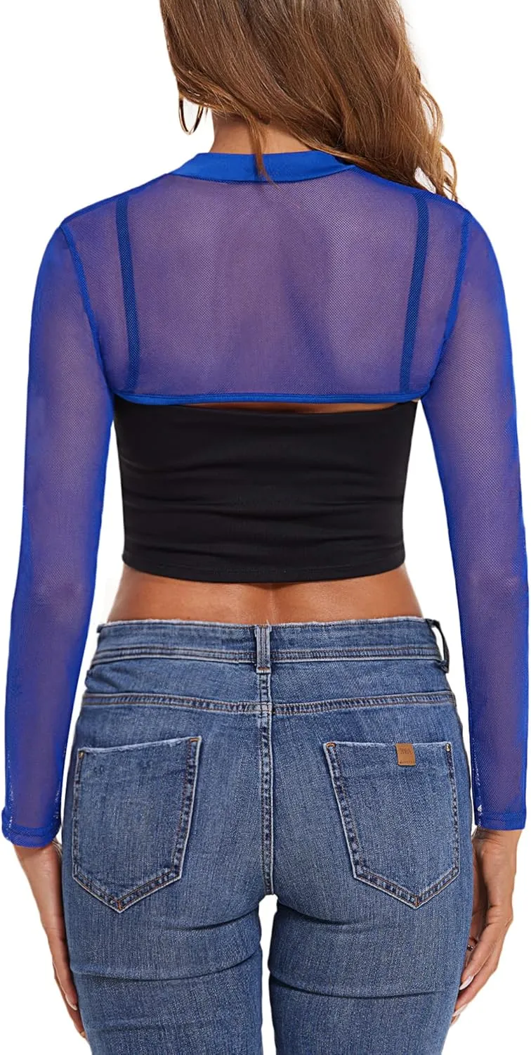 Avidlove Mesh Crop Tops for Women Mock Neck Long Sleeve Crop Top See Through Shirt Top Sexy Clubwear