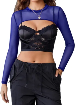 Avidlove Mesh Crop Tops for Women Mock Neck Long Sleeve Crop Top See Through Shirt Top Sexy Clubwear