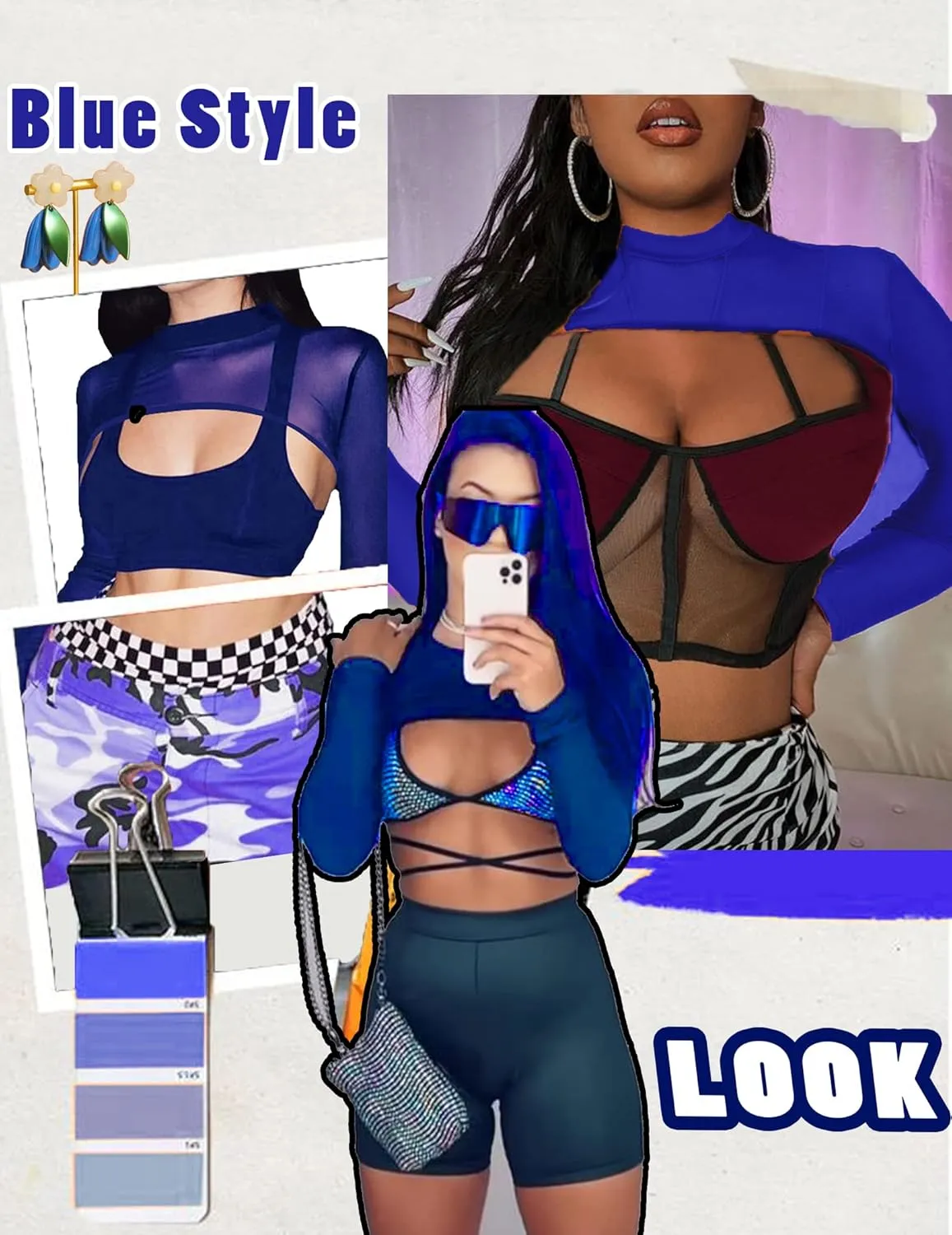 Avidlove Mesh Crop Tops for Women Mock Neck Long Sleeve Crop Top See Through Shirt Top Sexy Clubwear