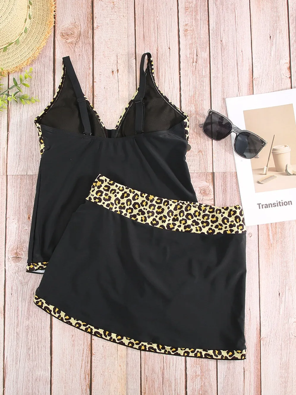 Black and Leopard Print Tankini Set