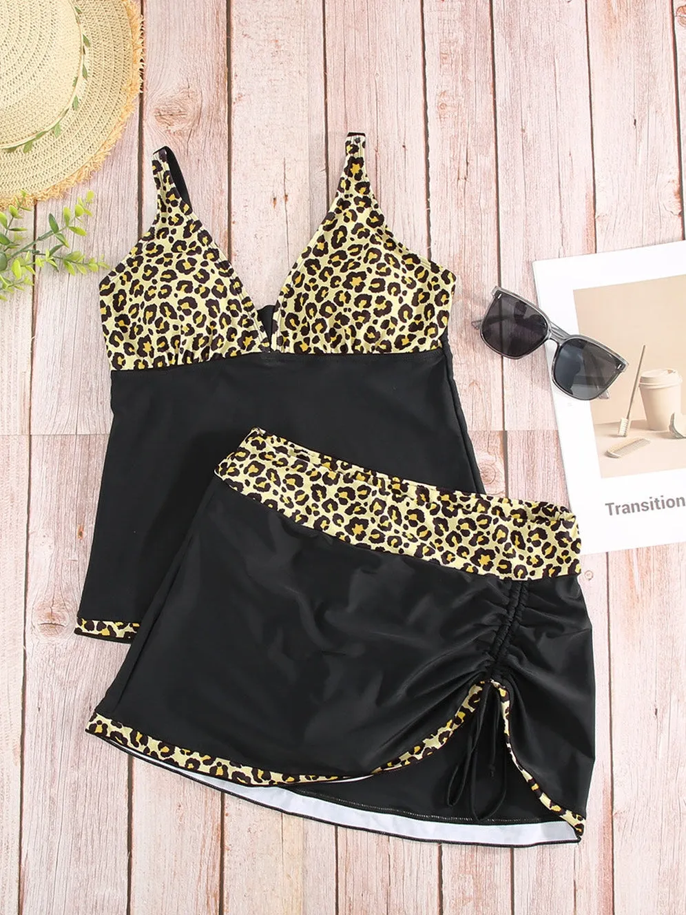 Black and Leopard Print Tankini Set