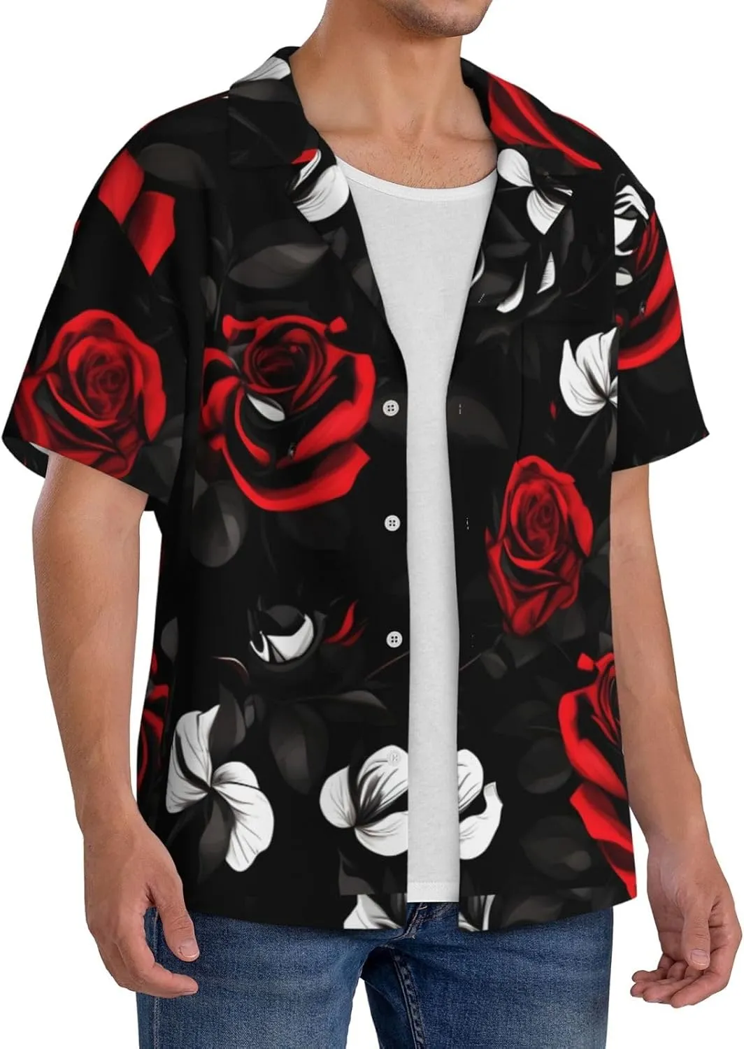 Black White and Red Roses Print Stylish Cuban Collar Refresh Short Sleeve Shirt Casual Everyday Wear Travel Parties
