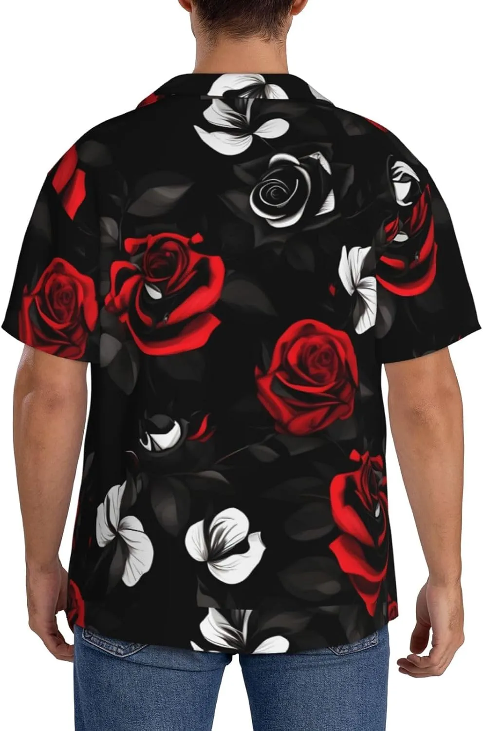 Black White and Red Roses Print Stylish Cuban Collar Refresh Short Sleeve Shirt Casual Everyday Wear Travel Parties