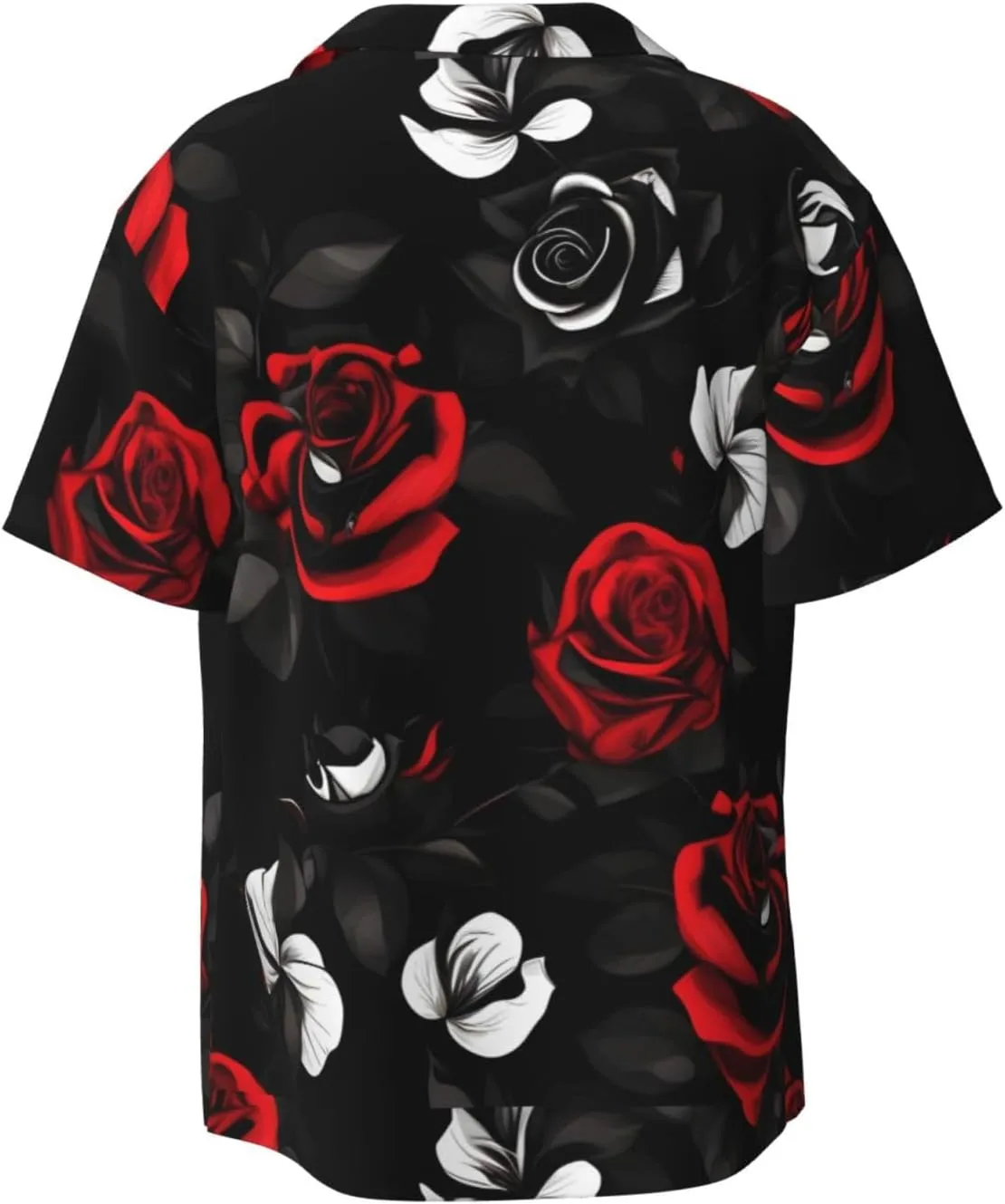Black White and Red Roses Print Stylish Cuban Collar Refresh Short Sleeve Shirt Casual Everyday Wear Travel Parties