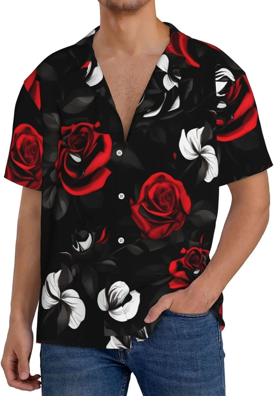 Black White and Red Roses Print Stylish Cuban Collar Refresh Short Sleeve Shirt Casual Everyday Wear Travel Parties