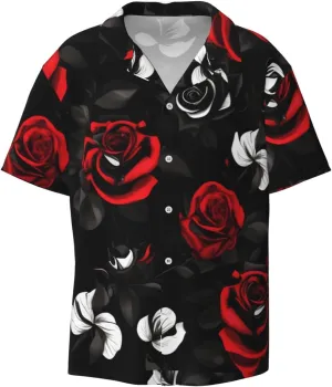 Black White and Red Roses Print Stylish Cuban Collar Refresh Short Sleeve Shirt Casual Everyday Wear Travel Parties