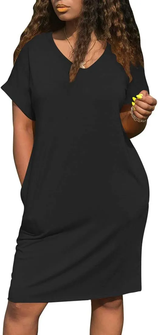 cailami Women's Summer V Neck Short Sleeve Midi Tshirt Dresses Casual Tunic Dress with Pockets