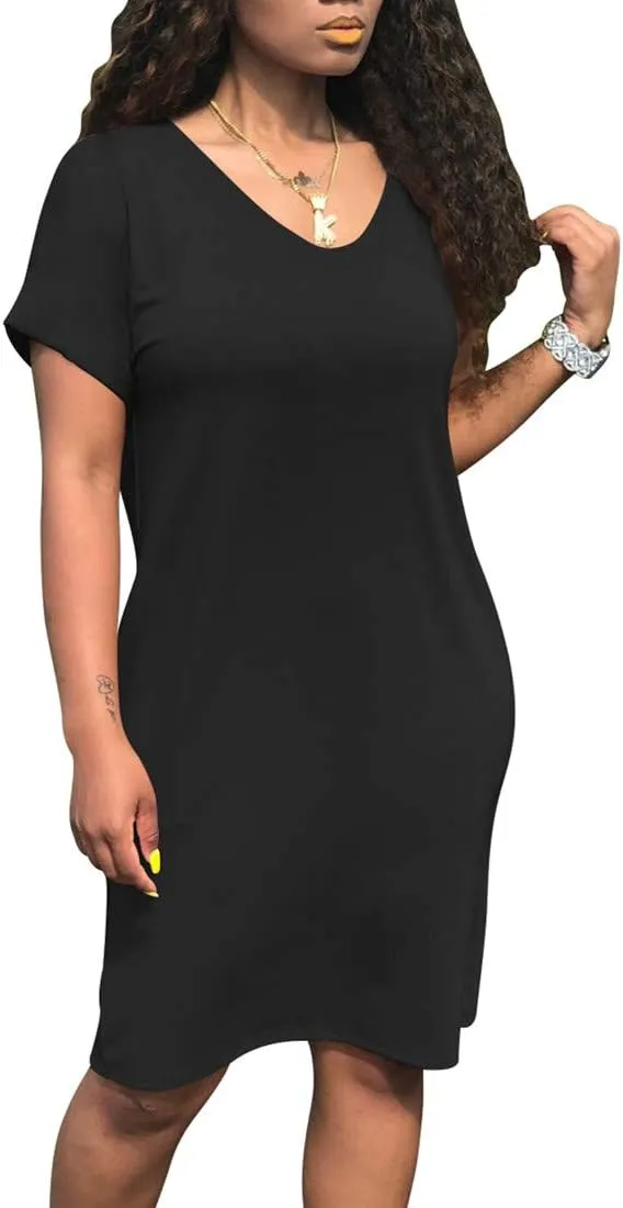 cailami Women's Summer V Neck Short Sleeve Midi Tshirt Dresses Casual Tunic Dress with Pockets