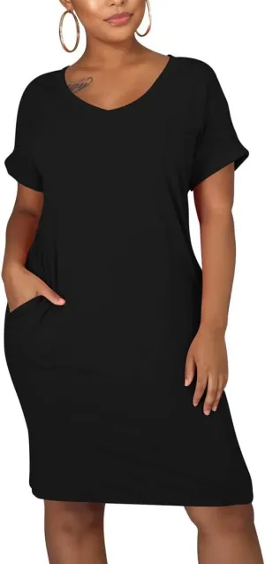 cailami Women's Summer V Neck Short Sleeve Midi Tshirt Dresses Casual Tunic Dress with Pockets