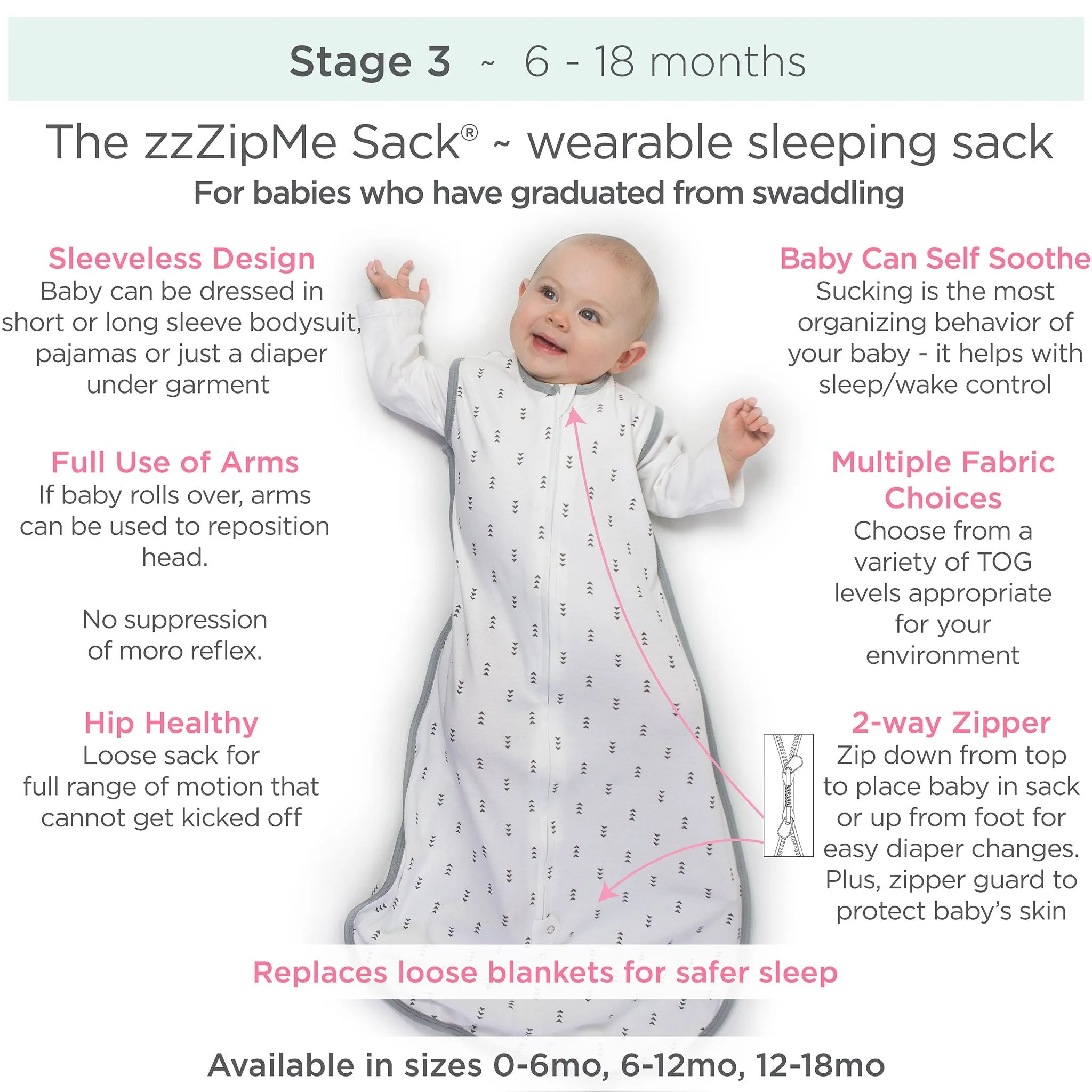 Cotton Flannel Non-Weighted zzZipMe Sack - Pastel Pink Polka Dots