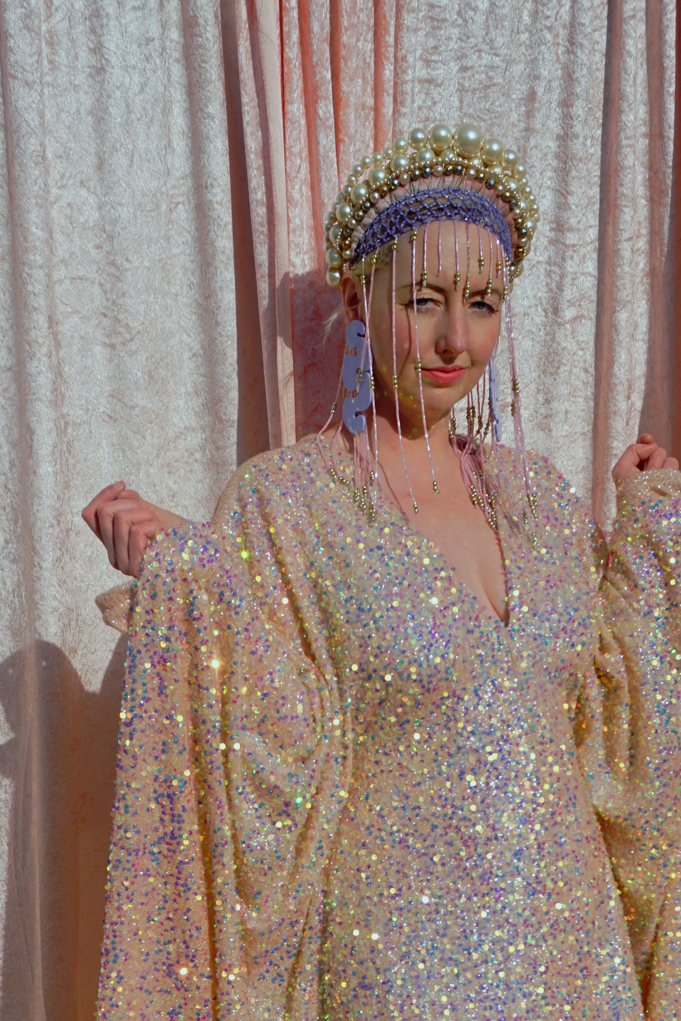 Creamy Peach Lurex Shimmering Iridescent Sequins Kaftan Gown / Kimono Robe