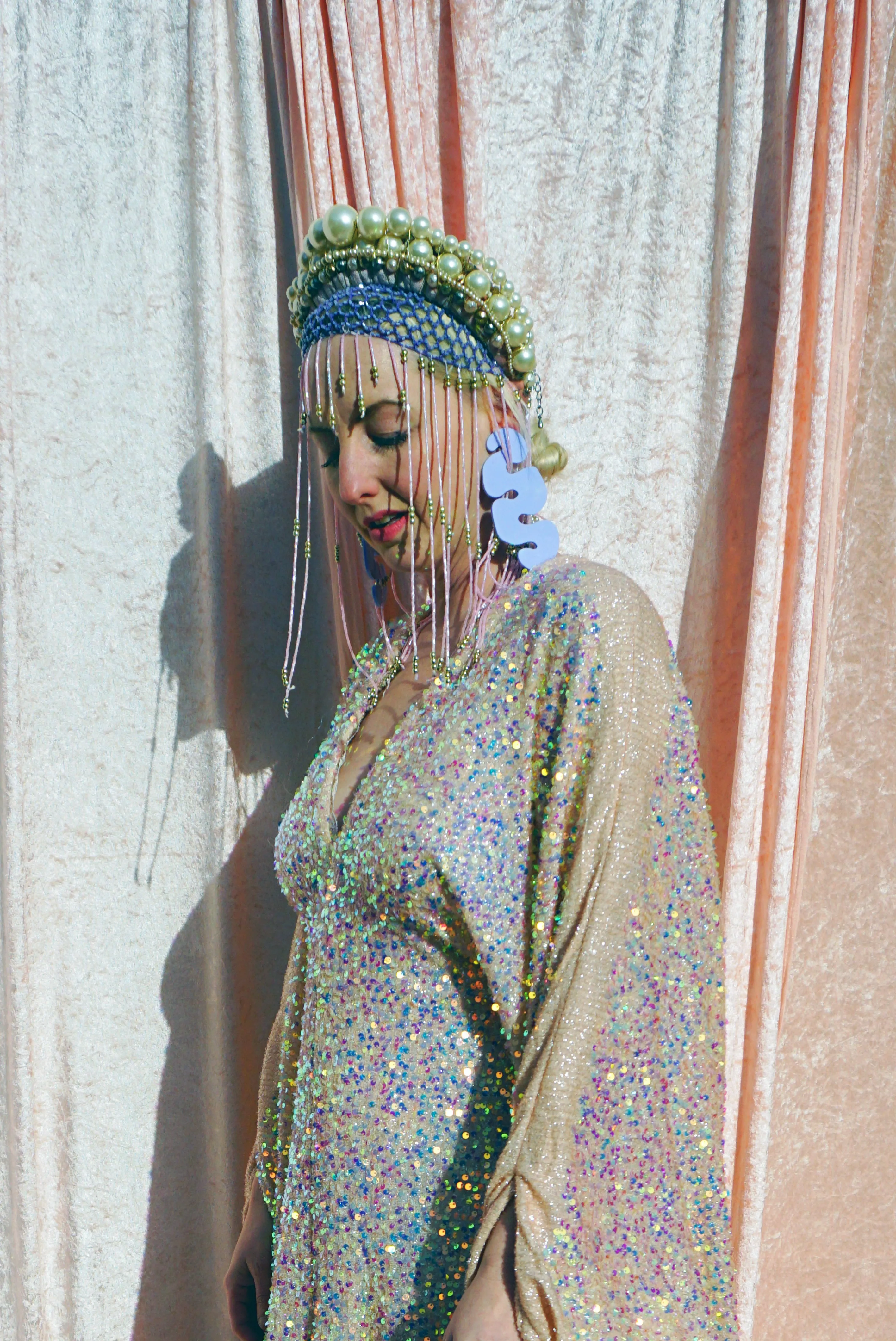 Creamy Peach Lurex Shimmering Iridescent Sequins Kaftan Gown / Kimono Robe