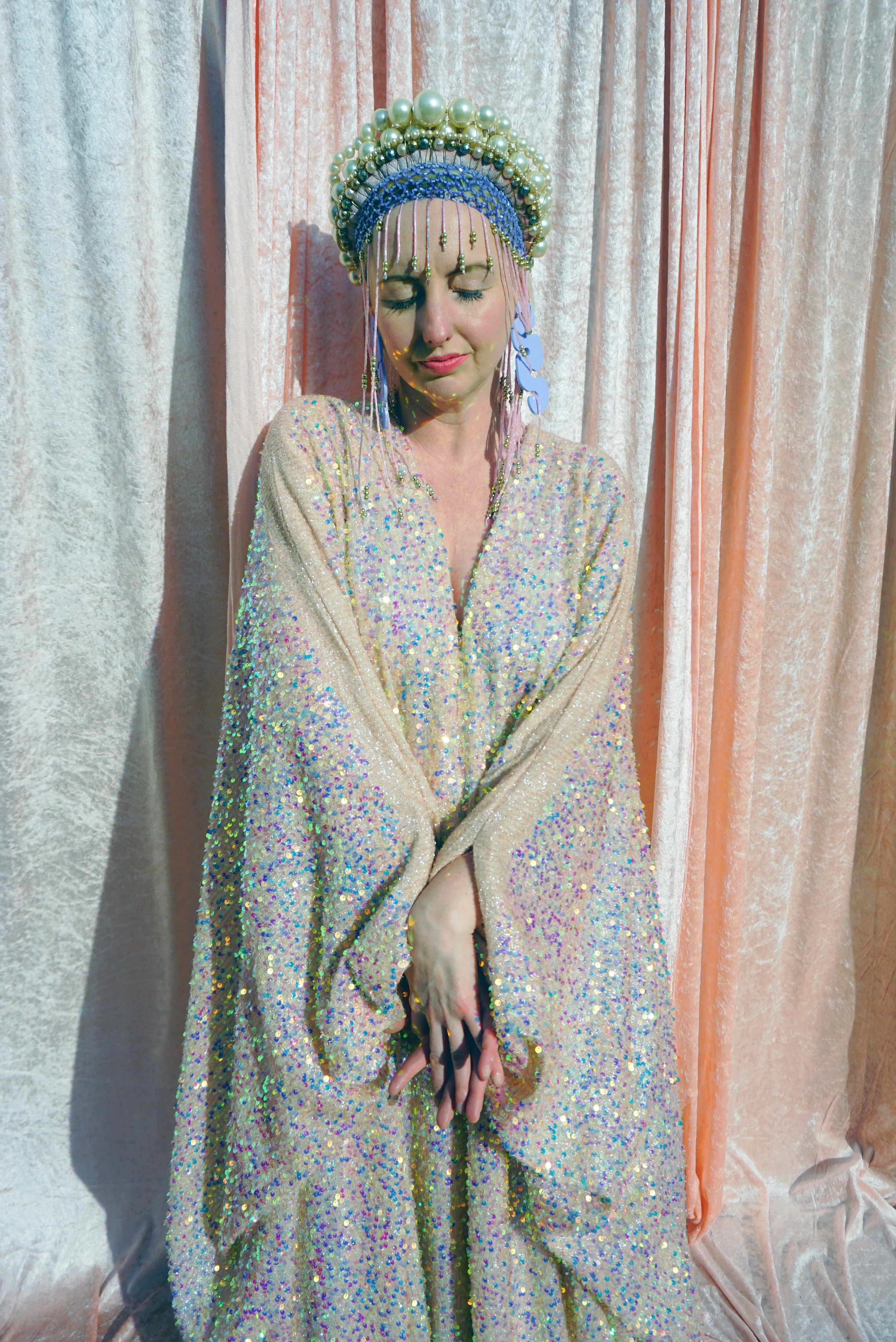 Creamy Peach Lurex Shimmering Iridescent Sequins Kaftan Gown / Kimono Robe