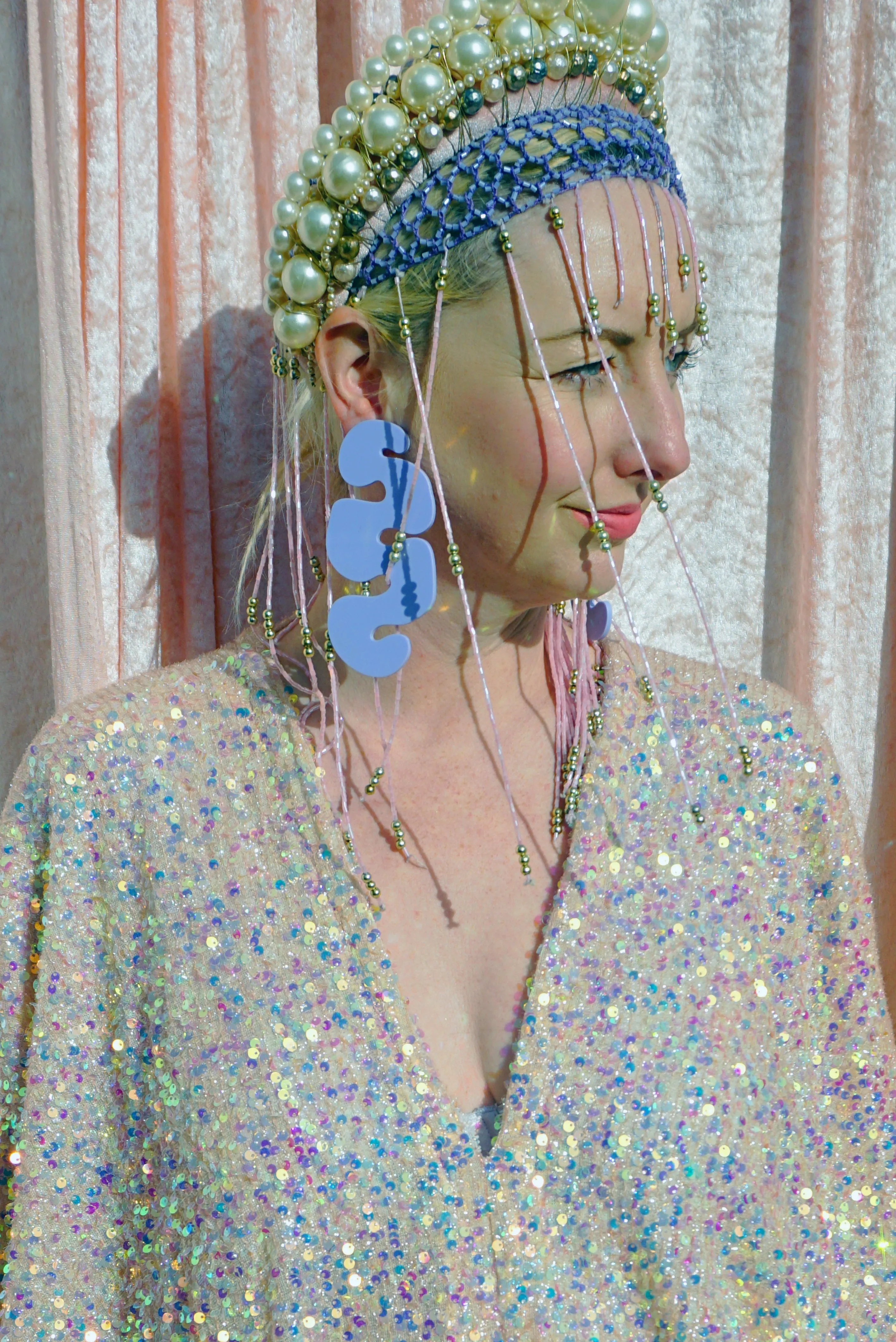 Creamy Peach Lurex Shimmering Iridescent Sequins Kaftan Gown / Kimono Robe