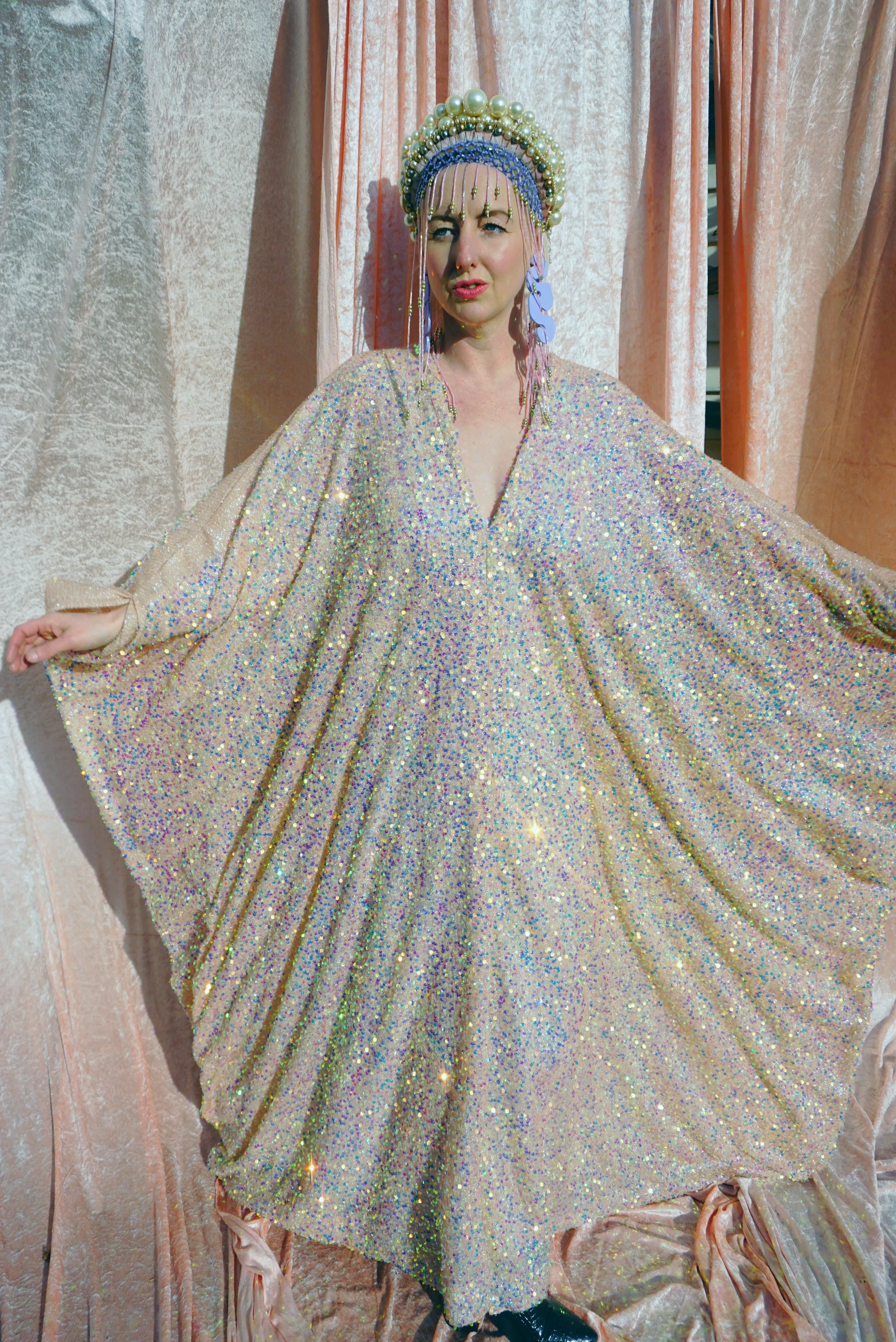 Creamy Peach Lurex Shimmering Iridescent Sequins Kaftan Gown / Kimono Robe