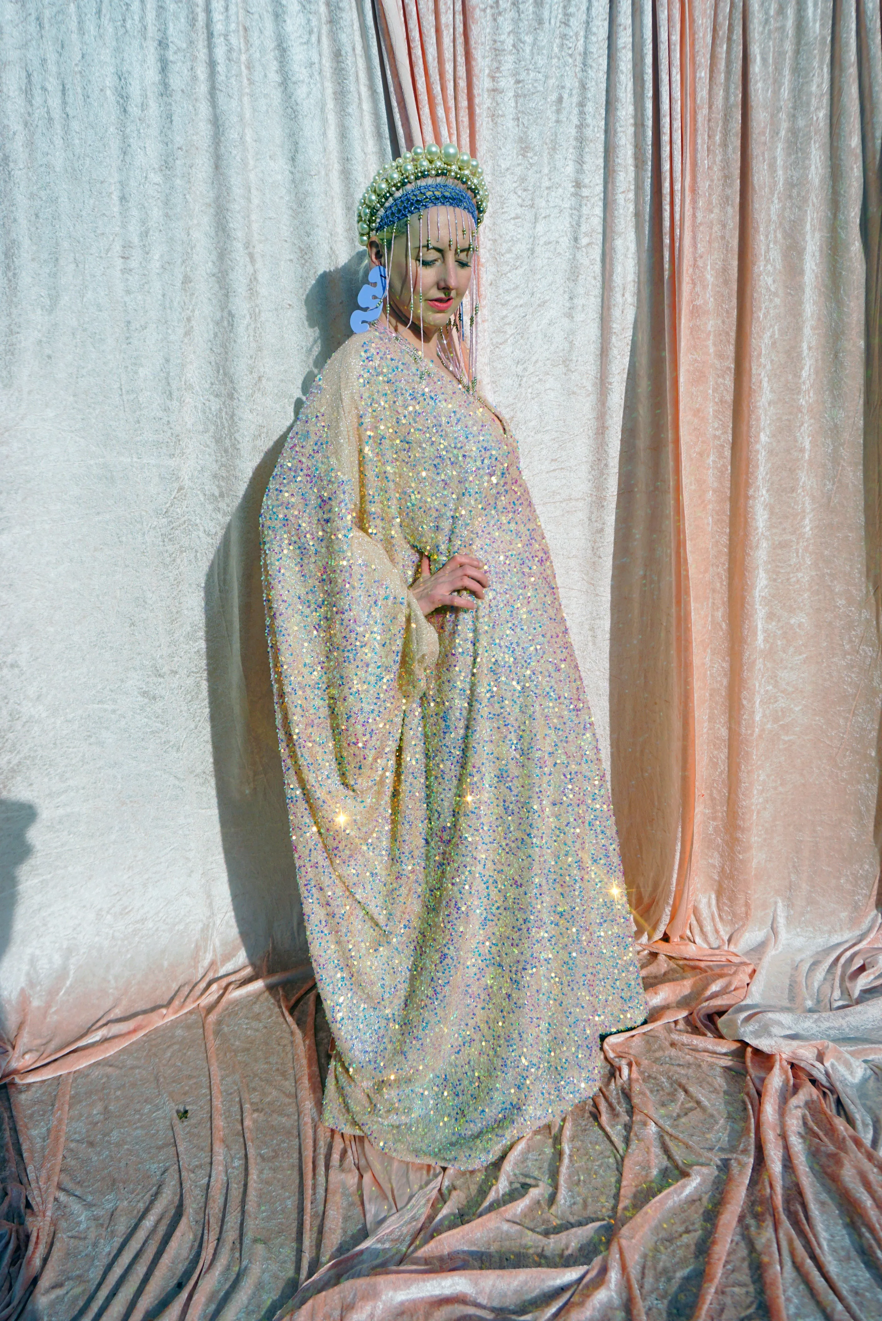 Creamy Peach Lurex Shimmering Iridescent Sequins Kaftan Gown / Kimono Robe