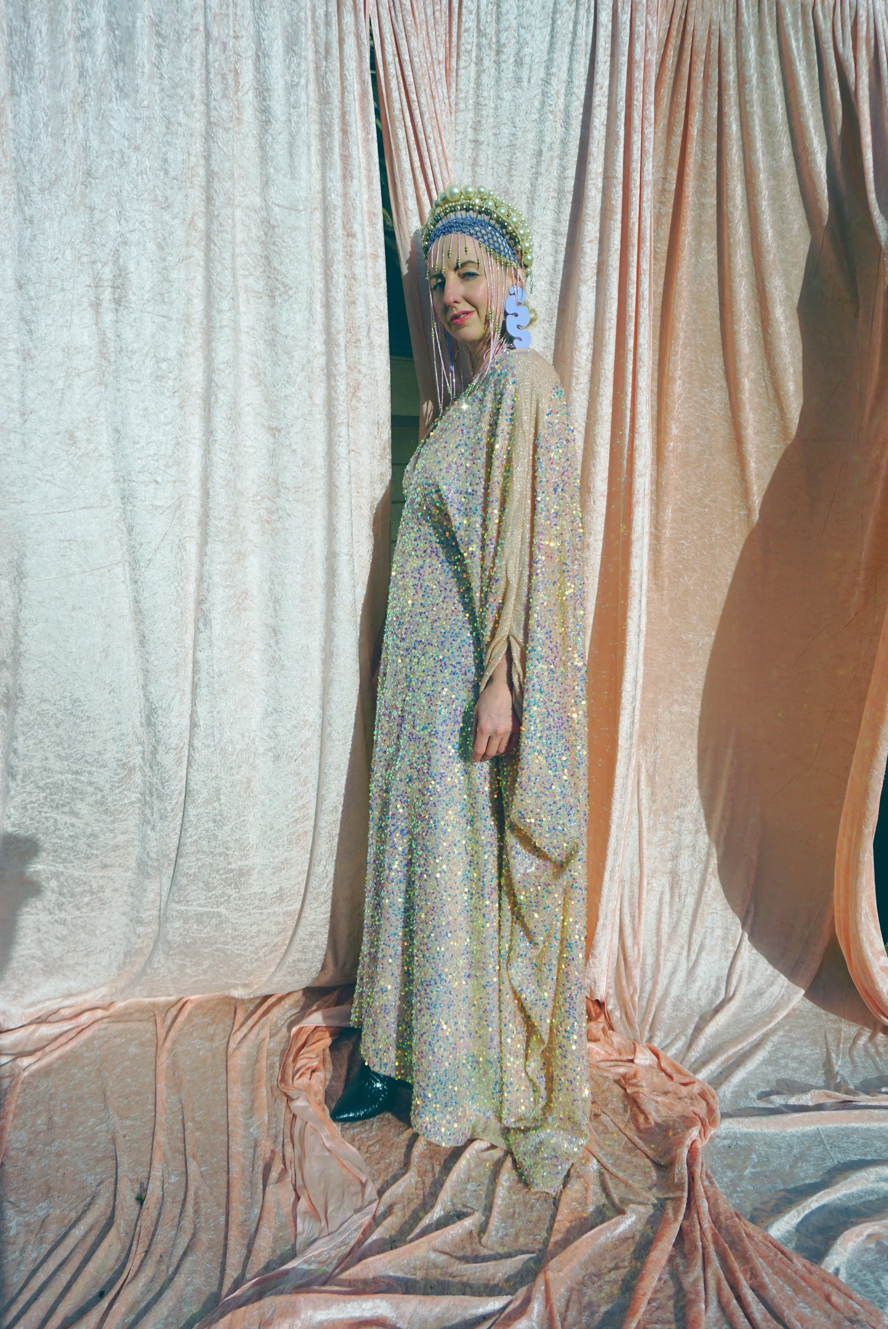 Creamy Peach Lurex Shimmering Iridescent Sequins Kaftan Gown / Kimono Robe
