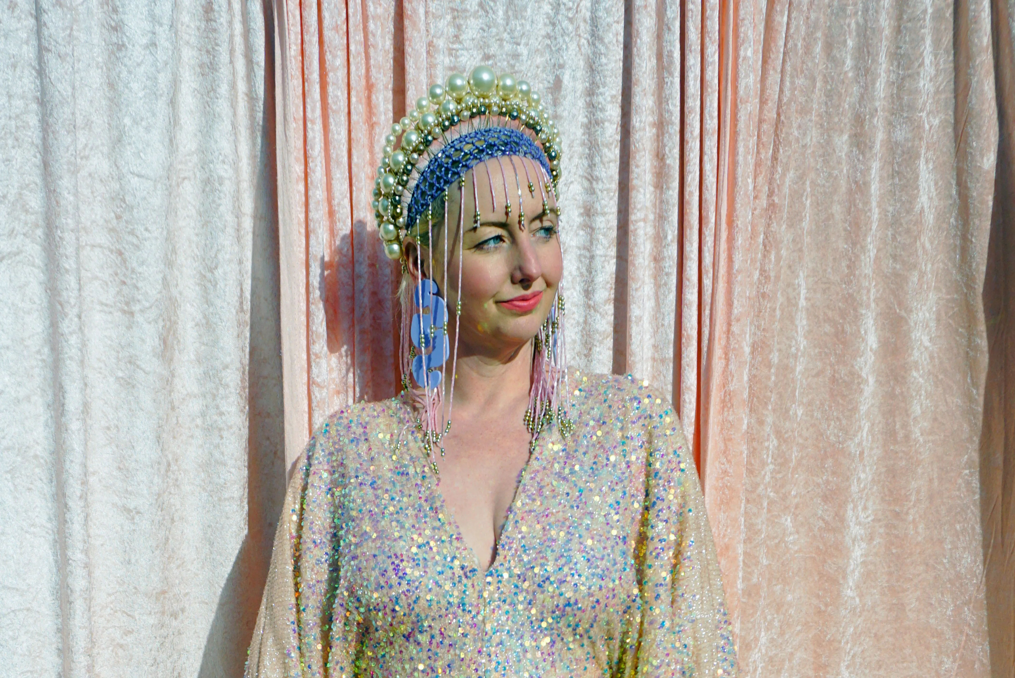 Creamy Peach Lurex Shimmering Iridescent Sequins Kaftan Gown / Kimono Robe