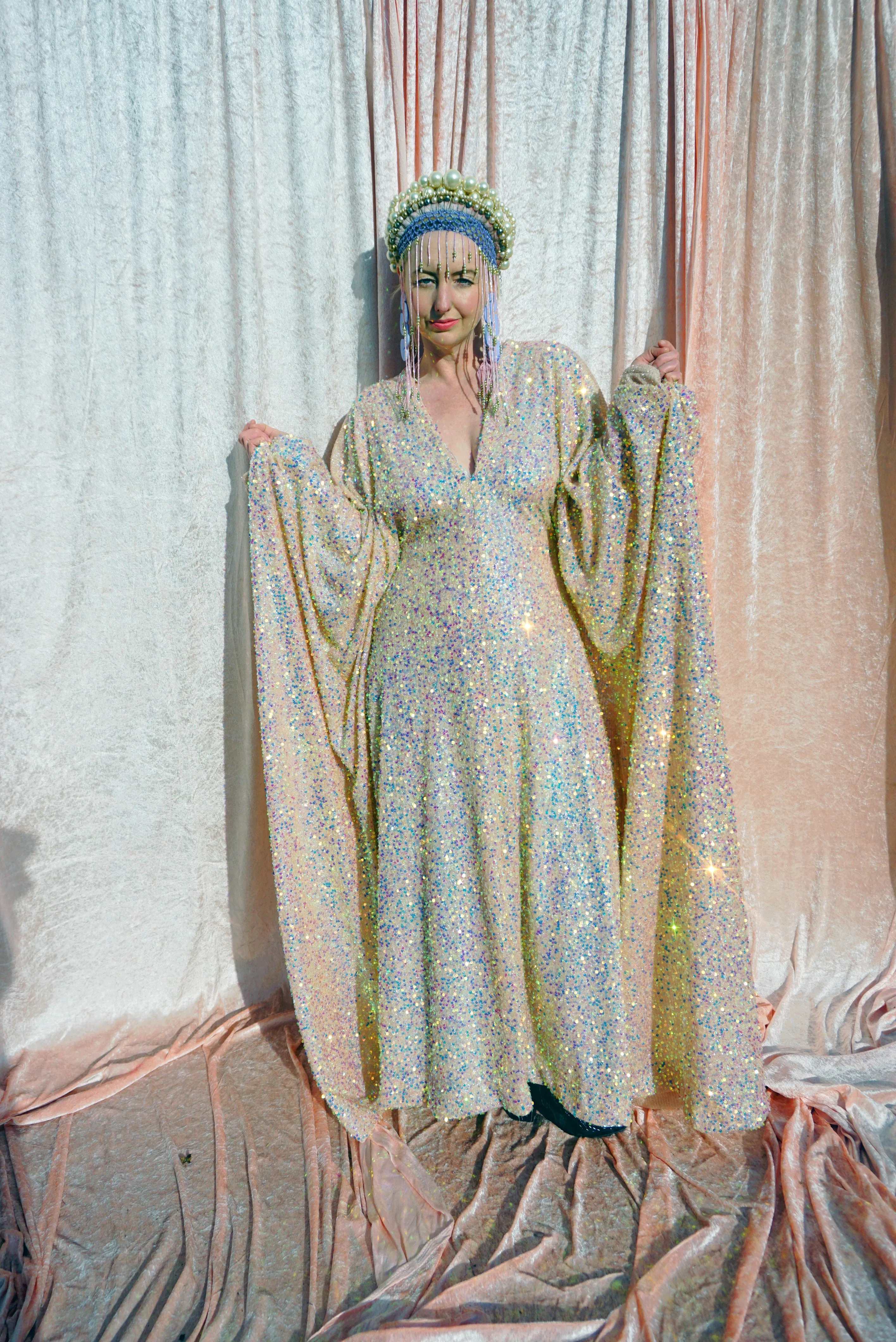 Creamy Peach Lurex Shimmering Iridescent Sequins Kaftan Gown / Kimono Robe