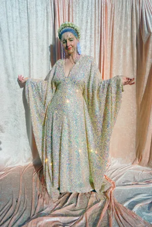Creamy Peach Lurex Shimmering Iridescent Sequins Kaftan Gown / Kimono Robe