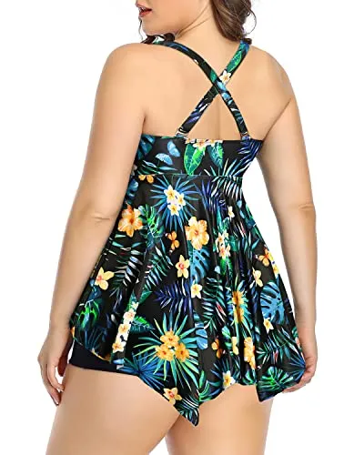 Criss Cross Adjustable Shoulder Straps Plus Size Tankini For Curvy Women-Black Leaf