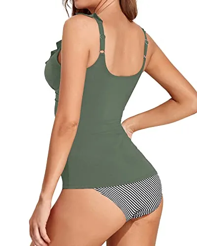 Deep V Neck Plunge Swim Tank Top With Ruffled Shoulders Bathing Suit-Army Green