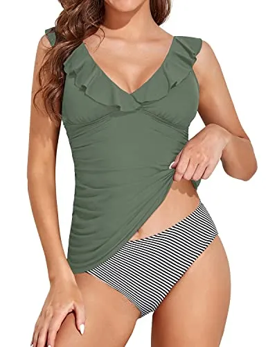 Deep V Neck Plunge Swim Tank Top With Ruffled Shoulders Bathing Suit-Army Green
