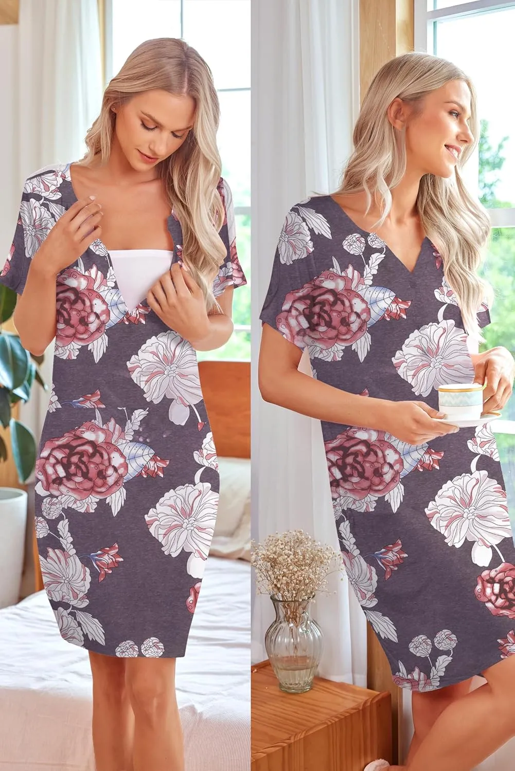 Ekouaer Nursing Nightgown Striped Women Short Sleeve Breastfeeding Sleep Dress Maternity Delivery/Labor Gown