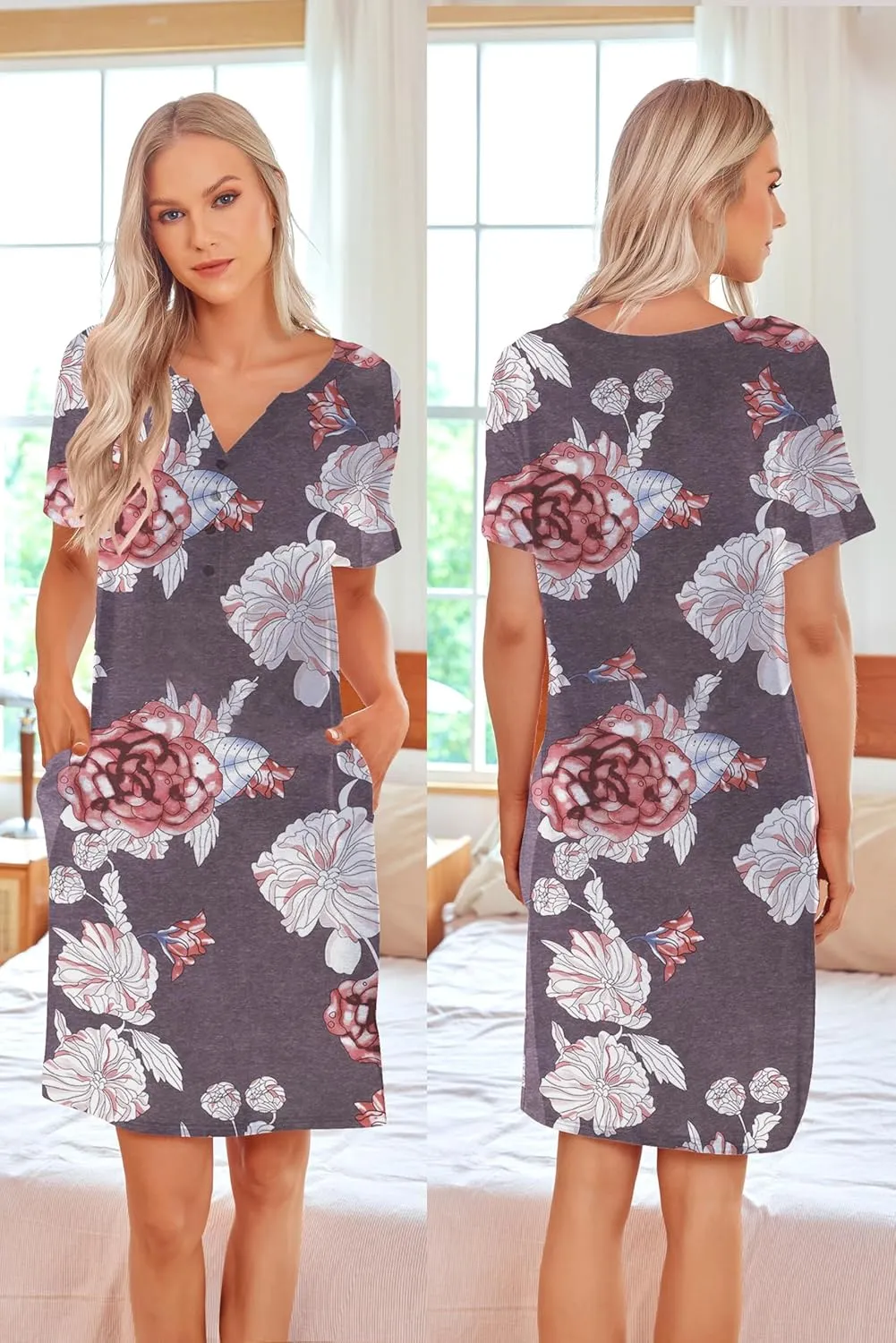 Ekouaer Nursing Nightgown Striped Women Short Sleeve Breastfeeding Sleep Dress Maternity Delivery/Labor Gown