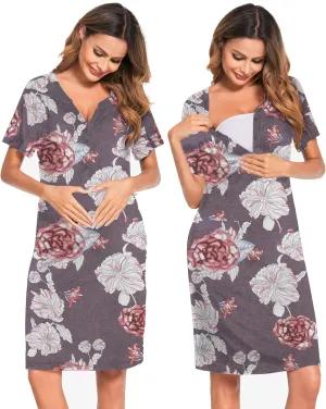Ekouaer Nursing Nightgown Striped Women Short Sleeve Breastfeeding Sleep Dress Maternity Delivery/Labor Gown