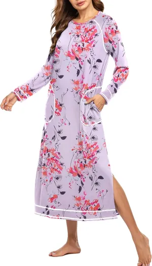 Ekouaer Women's Nightshirt Long Sleeve Nightgown Round Neck Sleepwear Full Length Pajama Dress with Pockets Loungewear S-XXL