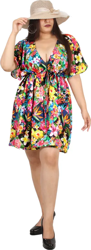 Floral Symphony Multi Color Non-Sheer Flower Printed V-Neck Beach Cover up For Women