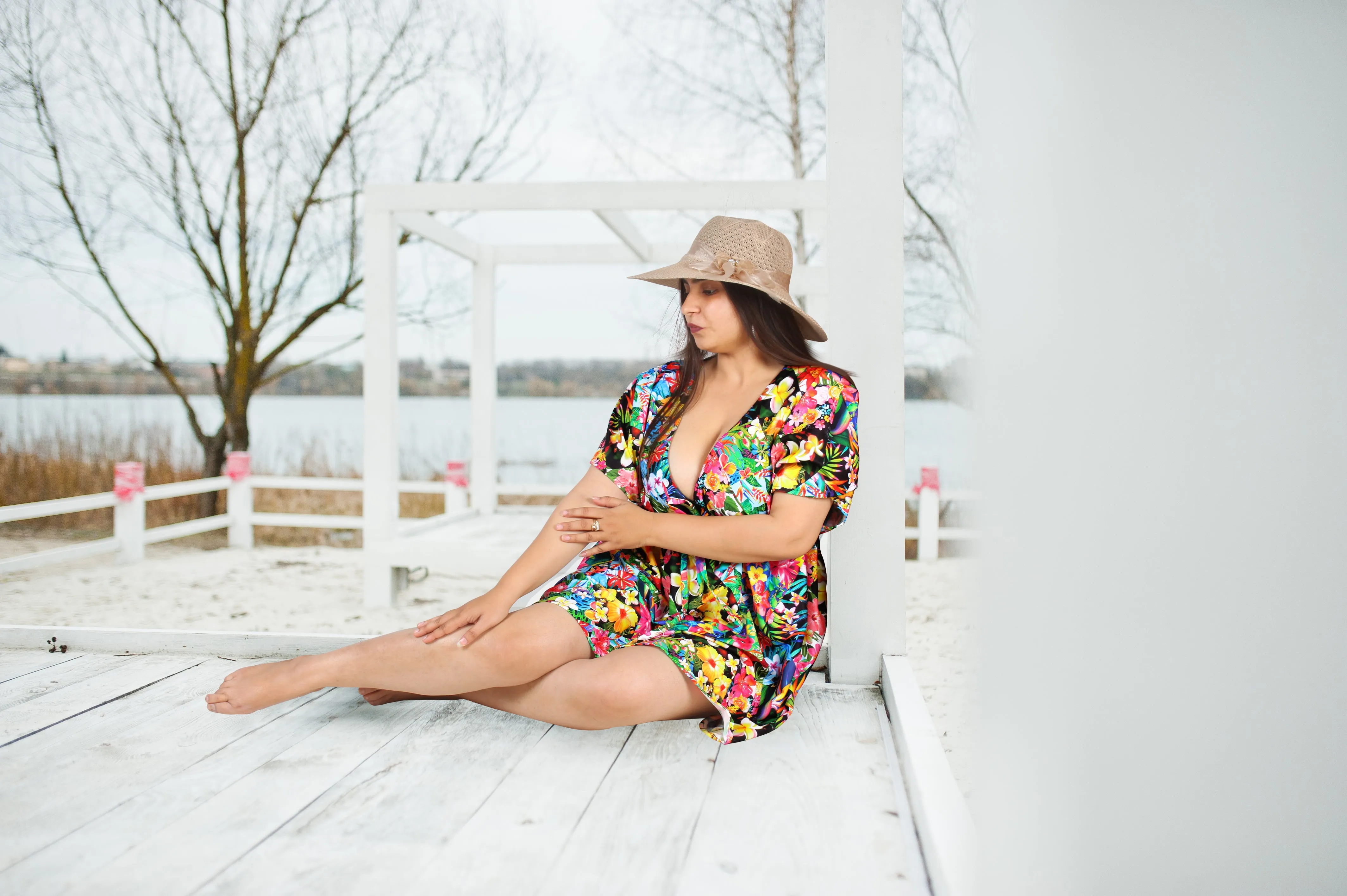 Floral Symphony Multi Color Non-Sheer Flower Printed V-Neck Beach Cover up For Women