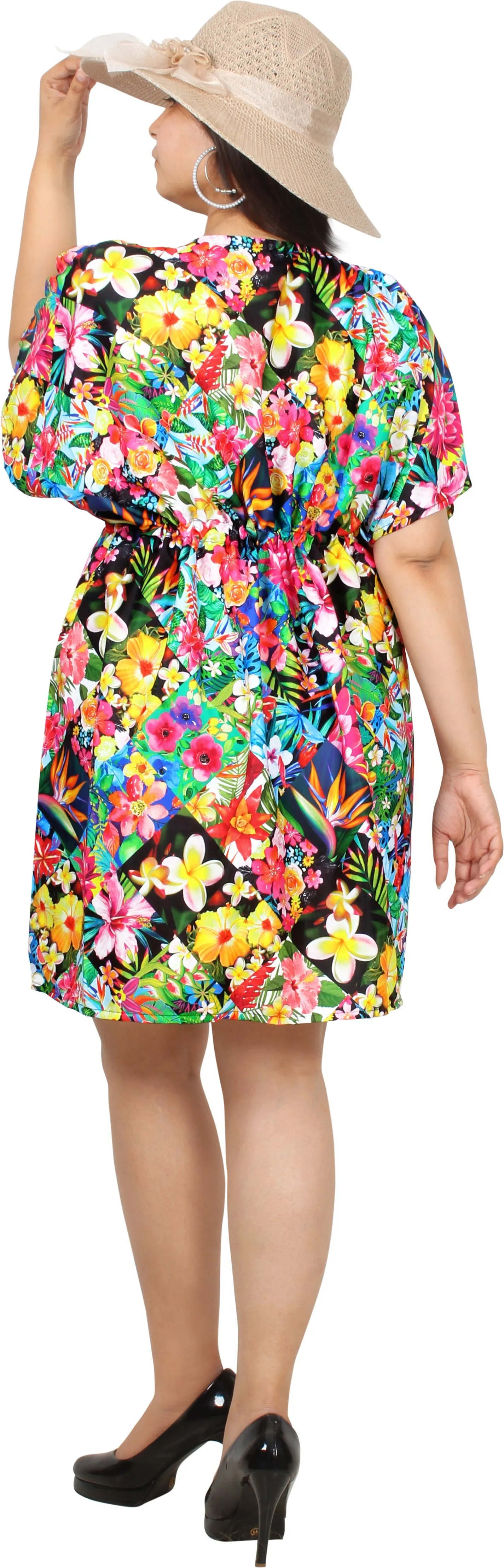 Floral Symphony Multi Color Non-Sheer Flower Printed V-Neck Beach Cover up For Women