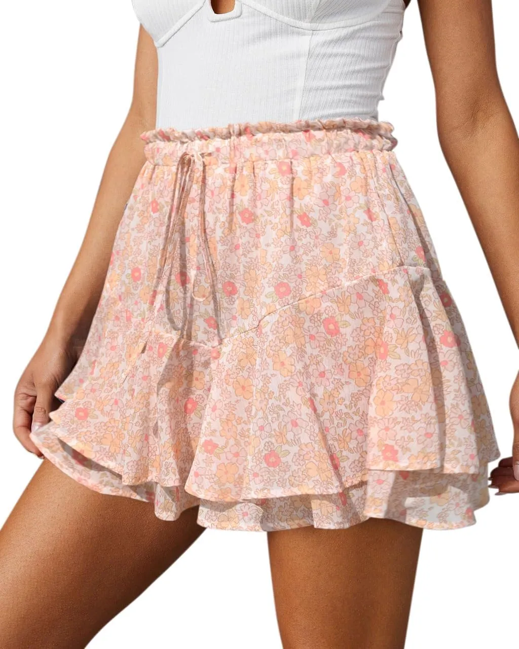 Flowy Shorts for Women Casual Boho Floral Skorts Ruffle Mini Skirts Running Tennis Butterfly Chiffon Shorts