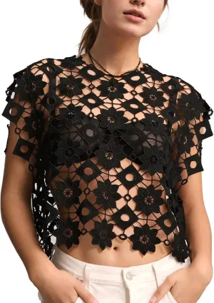 Flygo Womens Hollow Out Floral Lace Vest Cropped Embroideried Summer Crochet Coverup 2025 Trendy Blouse Tops