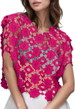 Flygo Womens Hollow Out Floral Lace Vest Cropped Embroideried Summer Crochet Coverup 2025 Trendy Blouse Tops