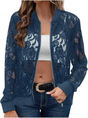HGps8w Floral Lace Jackets for Women's Stand Collar Zip Up Mesh Sheer Baseball Jacket