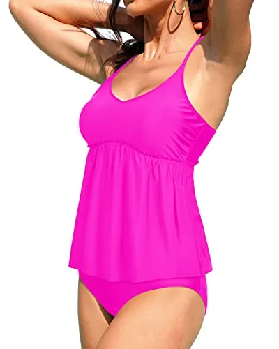 High Waisted Tankini Set Loose Blouson Top-Neon Pink