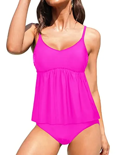 High Waisted Tankini Set Loose Blouson Top-Neon Pink